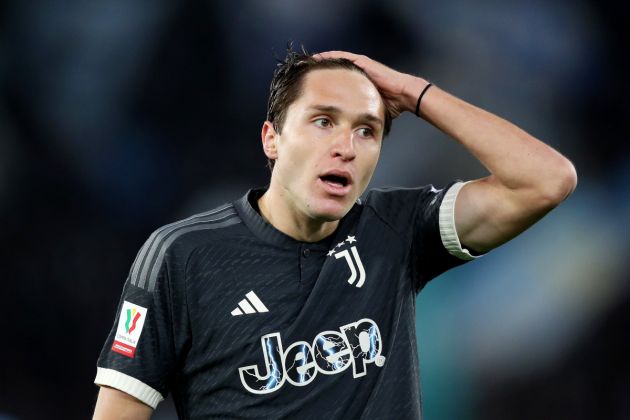 ROME, ITALY - APRIL 23: Federico Chiesa of Juventus reacts during the Coppa Italia Semi-final Second Leg match between SS Lazio and Juventus FC at Stadio Olimpico on April 23, 2024 in Rome, Italy. (Photo by Paolo Bruno/Getty Images)
