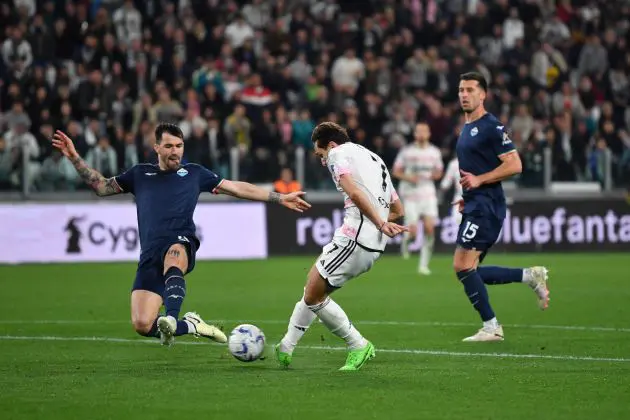 TURIN, ITALY - APRIL 02: Federico Chiesa of Juventus scores his team's first goal during the Coppa Italia Semi-Final match between Juventus FC and SS Lazio at the Allianz Stadium on April 02, 2024 in Turin, Italy. (Photo by Valerio Pennicino/Getty Images)