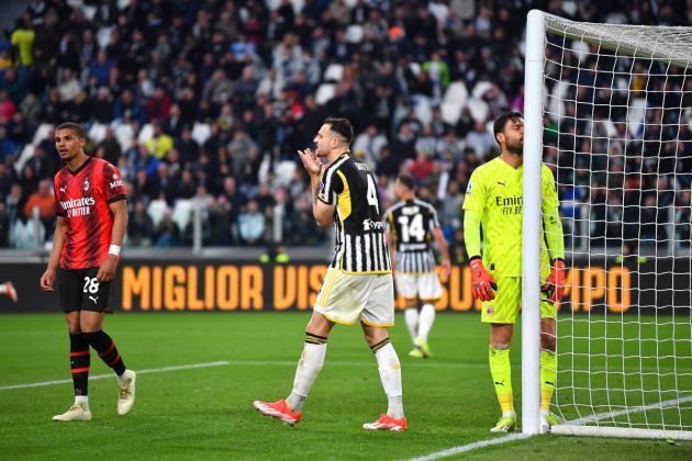 TURIN, ITALY - APRIL 27: Federico Gatti of Juventus reacts during the Serie A TIM match between Juventus and AC Milan at Allianz Stadium on April 27, 2024 in Turin, Italy. (Photo by Valerio Pennicino/Getty Images) Marco Sportiello Malick Thiaw