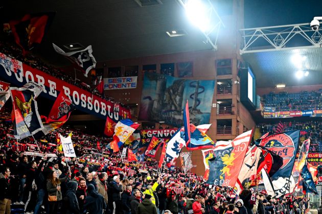 GENOA, ITALY - MARCH 9: Fans of Genoa wave their flags and scarves prior to kick-off in the Serie A TIM match between Genoa CFC and AC Monza at Stadio Luigi Ferraris on March 9, 2024 in Genoa, Italy. (Photo by Simone Arveda/Getty Images)