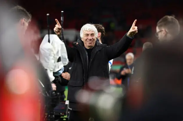 Atalanta's Italian coach Gian Piero Gasperini applauds the fans following the UEFA Europa League quarter-final first leg football match between Liverpool and Atalanta at Anfield in Liverpool, north west England on April 11, 2024. Atalanta won the match 3-0. (Photo by Darren Staples / AFP) (Photo by DARREN STAPLES/AFP via Getty Images)