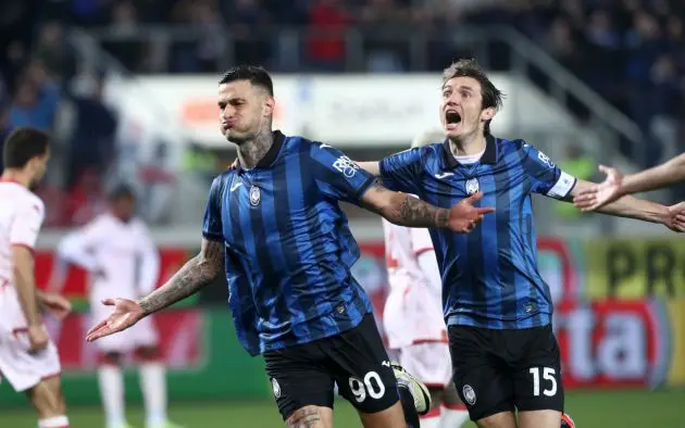 BERGAMO, ITALY - APRIL 24: Gianluca Scamacca of Atalanta BC celebrates a goal which is later ruled out by the Video Assistant Referee during the Coppa Italia Semi-final second leg match between Atalanta and ACF Fiorentina at Stadio Atleti Azzurri d'Italia on April 24, 2024 in Bergamo, Italy. (Photo by Marco Luzzani/Getty Images)