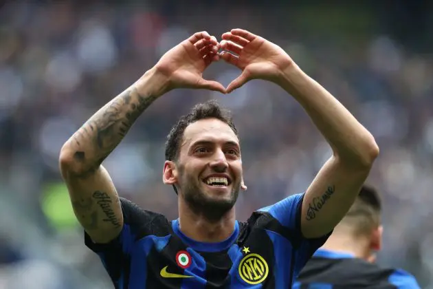 MILAN, ITALY - APRIL 28: Hakan Calhanoglu of FC Internazionale celebrates scoring his team's second goal from a penalty kick during the Serie A TIM match between FC Internazionale and Torino FC at Stadio Giuseppe Meazza on April 28, 2024 in Milan, Italy. (Photo by Marco Luzzani/Getty Images) Turkey