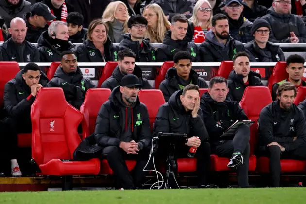 LIVERPOOL, ENGLAND - APRIL 11: Jurgen Klopp, Manager of Liverpool and Pepijn Lijnders, Assistant Manager of Liverpool, watch on during the UEFA Europa League 2023/24 Quarter-Final first leg match between Liverpool FC and Atalanta at Anfield on April 11, 2024 in Liverpool, England. (Photo by Stu Forster/Getty Images)