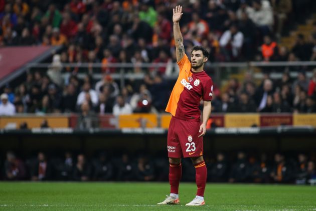 ISTANBUL, TURKEY - FEBRUARY 10: Kaan Ayhan of Galatasaray gestures during the Turkish Super League match between Galatasaray and Basaksehir at Rams Park on February 10, 2024 in Istanbul, Turkey. (Photo by Ahmad Mora/Getty Images)