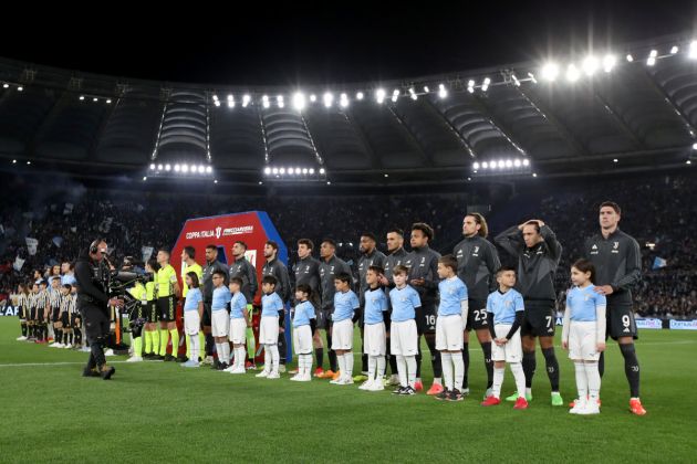 ROME, ITALY - APRIL 23: Players of Juventus line up prior to the Coppa Italia Semi-final Second Leg match between SS Lazio and Juventus FC at Stadio Olimpico on April 23, 2024 in Rome, Italy. (Photo by Paolo Bruno/Getty Images)