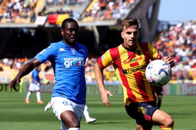 LECCE, ITALY - APRIL 13: Marin Pongracic of Lecce competes for the ball with Emmanuel Gyasi of Empoli during the Serie A TIM match between US Lecce and Empoli FC at Stadio Via del Mare on April 13, 2024 in Lecce, Italy. (Photo by Maurizio Lagana/Getty Images)