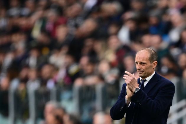 Juventus' Italian coach Massimiliano Allegri reacts during the Italian Serie A football match between Juventus and AC Milan at The Allianz Stadium in Turin on April 27, 2024. (Photo by MARCO BERTORELLO / AFP) (Photo by MARCO BERTORELLO/AFP via Getty Images)
