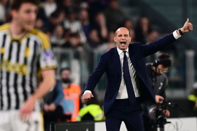 Juventus' Italian coach Massimiliano Allegri reacts during the Italian Serie A football match between Juventus and Fiorentina, at The Allianz Stadium, in Turin on April 7, 2024. (Photo by Marco BERTORELLO / AFP) (Photo by MARCO BERTORELLO/AFP via Getty Images)