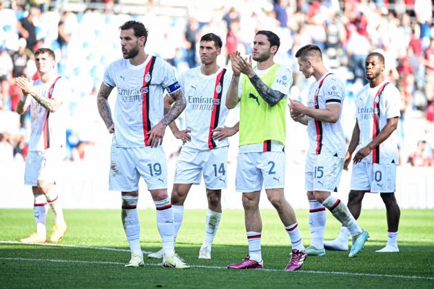 AC Milan defender #19 Theo Hernandez, AC Milan's Dutch midfielder #14 Tijani Reijnders, AC Milan's Italian defender #02 Davide Calabria and AC Milan's Serbian forward #15 Luka Jovic react at the end of the Italian Serie A football match between Unione Sportiva Sassuolo and AC Milan at the Mapei Stadium in Reggio Emilia, on April 14, 2024. (Photo by Piero CRUCIATTI / AFP) (Photo by PIERO CRUCIATTI/AFP via Getty Images)