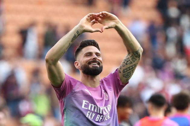 MILAN, ITALY - APRIL 06: Olivier Giroud of AC Milan celebrates victory following the Serie A TIM match between AC Milan and US Lecce - Serie A TIM at Stadio Giuseppe Meazza on April 06, 2024 in Milan, Italy. (Photo by Marco Luzzani/Getty Images) (Photo by Marco Luzzani/Getty Images)