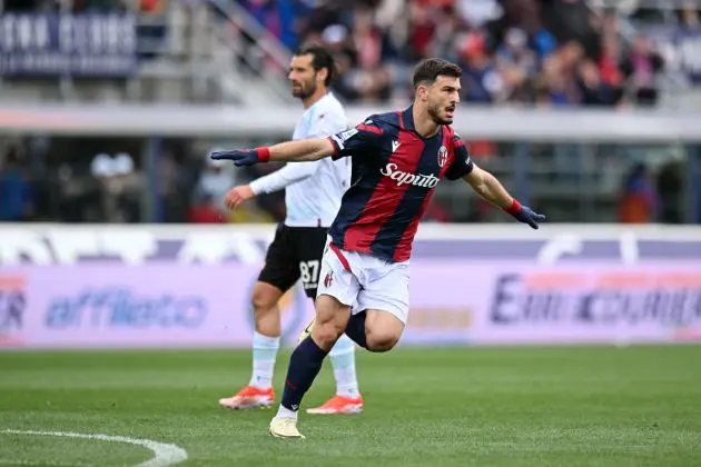 BOLOGNA, ITALY - APRIL 01: Riccardo Orsolini of Bologna FC celebrates after scoring his team's first goal during the Serie A TIM match between Bologna FC and US Salernitana at Stadio Renato Dall'Ara on April 01, 2024 in Bologna, Italy. (Photo by Alessandro Sabattini/Getty Images)