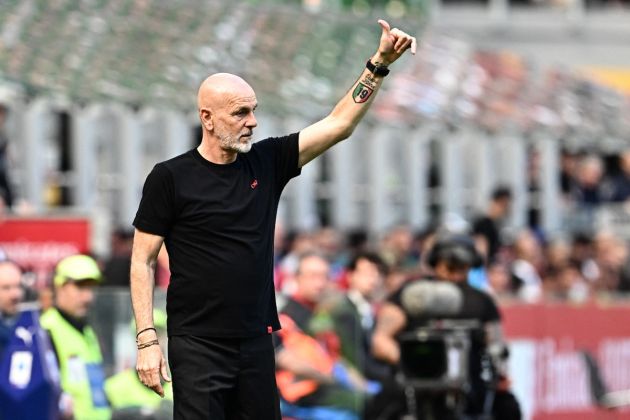 AC Milan's Italian coach Stefano Pioli gestures during the Italian Serie A football match between AC Milan and Lecce at San Siro Stadium, in Milan on April 6, 2024. (Photo by GABRIEL BOUYS / AFP) (Photo by GABRIEL BOUYS/AFP via Getty Images)