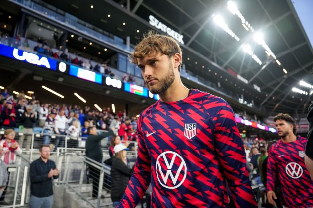 ST PAUL, MINNESOTA - SEPTEMBER 12: Tanner Tessmann #16 of United States looks on prior to the match against Oman at Allianz Field on September 12, 2023 in St Paul, Minnesota. (Photo by Brace Hemmelgarn/Getty Images)