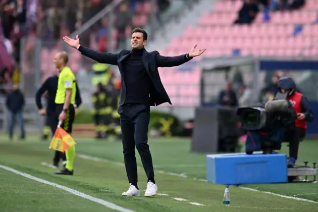 BOLOGNA, ITALY - APRIL 01: Thiago Motta, Head Coach of Bologna FC, reacts during the Serie A TIM match between Bologna FC and US Salernitana at Stadio Renato Dall'Ara on April 01, 2024 in Bologna, Italy. (Photo by Alessandro Sabattini/Getty Images)