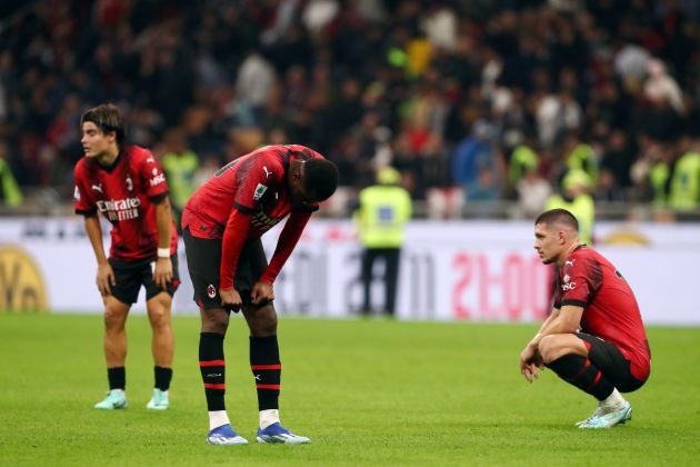 MILAN, ITALY - OCTOBER 22: Fikayo Tomori of AC Milan looks dejected after the team's defeat in the Serie A TIM match between AC Milan and Juventus at Stadio Giuseppe Meazza on October 22, 2023 in Milan, Italy. (Photo by Marco Luzzani/Getty Images)