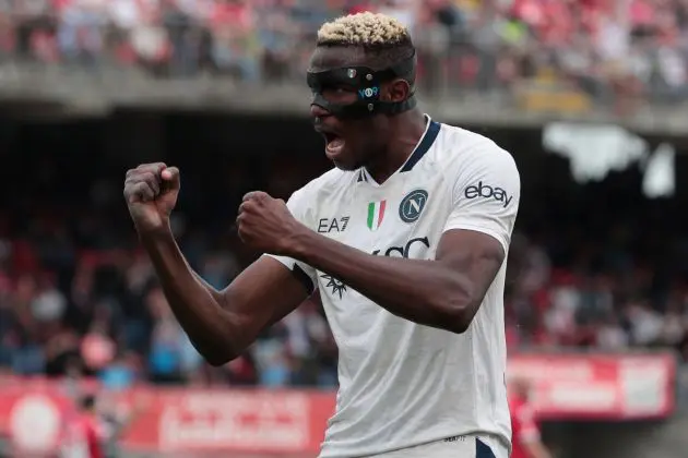 MONZA, ITALY - APRIL 07: Victor Osimhen of SSC Napoli celebrates after teammate Matteo Politano (not pictured) scored their team's second goal during the Serie A TIM match between AC Monza and SSC Napoli at U-Power Stadium on April 07, 2024 in Monza, Italy. (Photo by Emilio Andreoli/Getty Images)