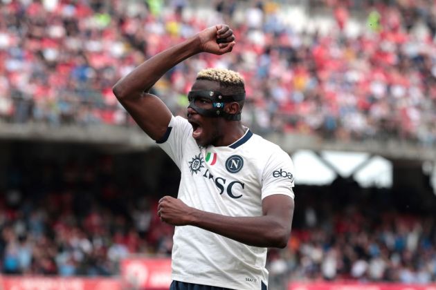 MONZA, ITALY - APRIL 07: Victor Osimhen of SSC Napoli celebrates after teammate Matteo Politano (not pictured) scored their team's second goal during the Serie A TIM match between AC Monza and SSC Napoli at U-Power Stadium on April 07, 2024 in Monza, Italy. (Photo by Emilio Andreoli/Getty Images)