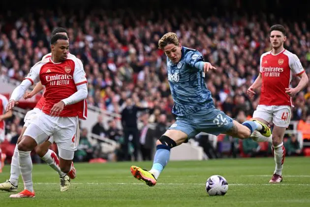 LONDON, ENGLAND - APRIL 14: Nicolo Zaniolo of Aston Villa is challenged by Gabriel of Arsenal during the Premier League match between Arsenal FC and Aston Villa at Emirates Stadium on April 14, 2024 in London, England. (Photo by Mike Hewitt/Getty Images) (Photo by Mike Hewitt/Getty Images)