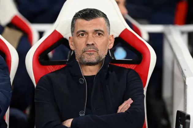 LONDON, ENGLAND - MARCH 12: Sergio Conceicao, Head Coach of FC Porto, looks on prior to the UEFA Champions League 2023/24 round of 16 second leg match between Arsenal FC and FC Porto at Emirates Stadium on March 12, 2024 in London, England. (Photo by Shaun Botterill/Getty Images)