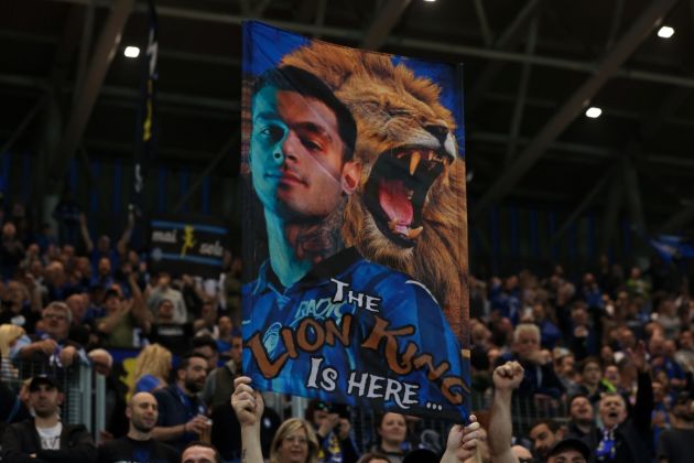 BERGAMO, ITALY - APRIL 15: Fans hold aloft a banner bearing an image of former West Ham striker Gianluca Scamacca of Atalanta during the Serie A TIM match between Atalanta BC and Hellas Verona FC - Serie A TIM at Gewiss Stadium on April 15, 2024 in Bergamo, Italy. (Photo by Jonathan Moscrop/Getty Images)