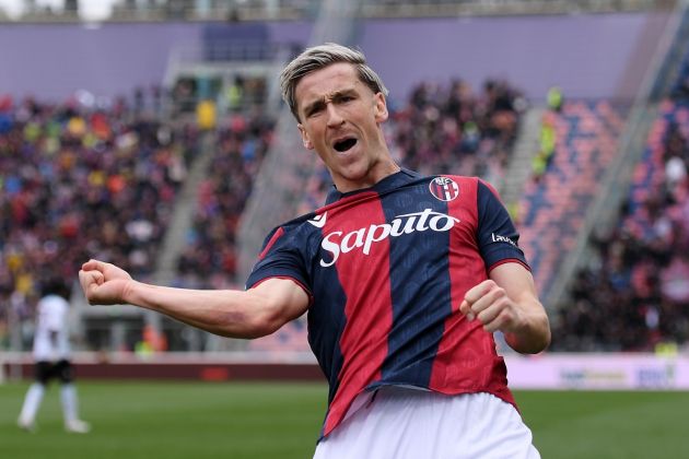 BOLOGNA, ITALY - APRIL 01: Alexis Saelemaekers of Bologna FC celebrates scoring his team's second goal during the Serie A TIM match between Bologna FC and US Salernitana at Stadio Renato Dall'Ara on April 01, 2024 in Bologna, Italy. (Photo by Alessandro Sabattini/Getty Images)