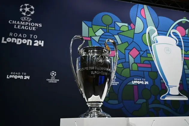 The trophy is displayed ahead of the 2023-2024 UEFA Champions League football tournament quarter-finals and semi-finals draw at the House of European Football in Nyon, on March 15, 2024. (Photo by Fabrice COFFRINI / AFP) (Photo by FABRICE COFFRINI/AFP via Getty Images)