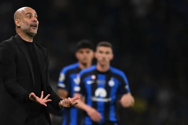 Manchester City manager Pep Guardiola reacts during the UEFA Champions League final football match between Inter Milan and Manchester City at the Ataturk Olympic Stadium in Istanbul, on June 10, 2023. (Photo by Paul ELLIS / AFP) (Photo by PAUL ELLIS/AFP via Getty Images)