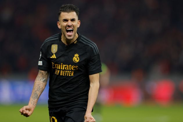 Real Madrid midfielder Dani Ceballos celebrates scoring during the UEFA Champions League group C football match between Union Berlin and Real Madrid in Berlin, on December 12, 2023. (Photo by Odd ANDERSEN / AFP) (Photo by ODD ANDERSEN/AFP via Getty Images)