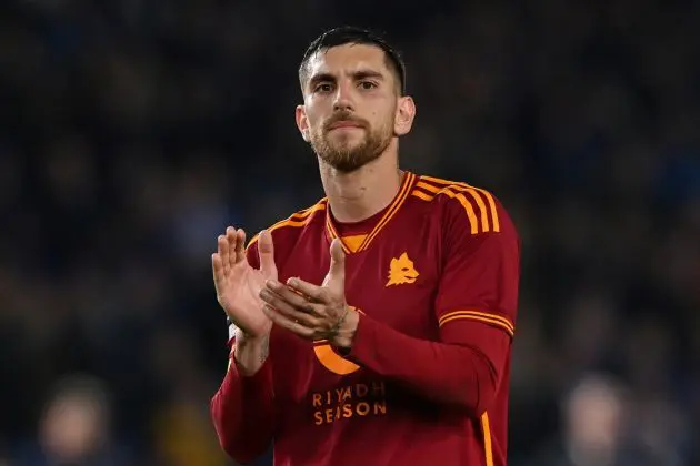 Roma midfielder Lorenzo Pellegrini applauds the fans following the UEFA Europa League round of 16 second leg football match between Brighton and Roma at the American Express Community Stadium in Brighton, southern England on March 14, 2024. Roma won the match 1-0. (Photo by Glyn KIRK / AFP) (Photo by GLYN KIRK/AFP via Getty Images)