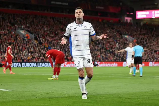 Atalanta forward Gianluca Scamacca celebrates scoring the team's second goal during the UEFA Europa League quarter-final first leg football match between Liverpool and Atalanta at Anfield in Liverpool, north west England on April 11, 2024. (Photo by Darren Staples / AFP) (Photo by DARREN STAPLES/AFP via Getty Images)