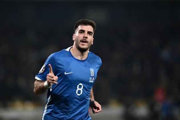 Greece forward and West Ham target Fotis Ioannidis celebrates after scoring his team's second goal during the UEFA Euro 2024 Group B second leg qualifying football match between Greece and France at the Agia Sophia Stadium in Athens on November 21, 2023. (Photo by Angelos Tzortzinis / AFP) (Photo by ANGELOS TZORTZINIS/AFP via Getty Images)