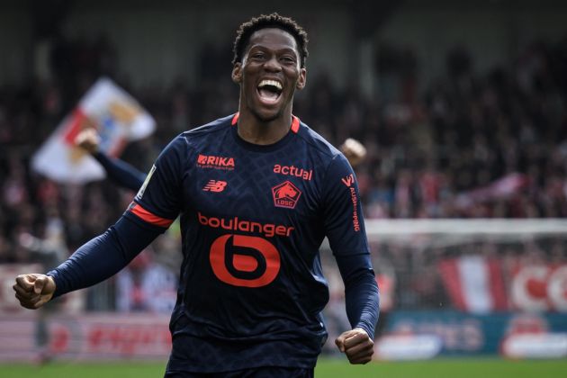 Lille forward and Napoli target Jonathan David reacts after scoring his team's first goal during the French L1 football match between Stade Brestois 29 (Brest) and Lille OSC at Stade Francis-Le Ble in Brest, western France, on March 17, 2024. (Photo by LOIC VENANCE / AFP) (Photo by LOIC VENANCE/AFP via Getty Images)