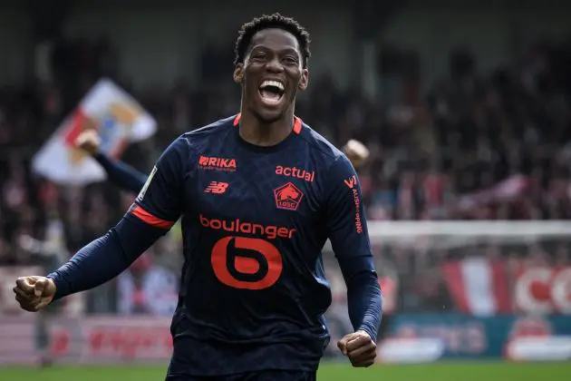 Lille forward, Napoli and Aston Villa target Jonathan David reacts after scoring his team's first goal during the French L1 football match between Stade Brestois 29 (Brest) and Lille OSC at Stade Francis-Le Ble in Brest, western France, on March 17, 2024. (Photo by LOIC VENANCE / AFP) (Photo by LOIC VENANCE/AFP via Getty Images)