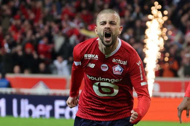 Lille midfielder and Juventus target Edon Zhegrova celebrates after scoring a goal during the French L1 football match between Lille LOSC and RC Lens at Stade Pierre-Mauroy in Villeneuve-d'Ascq, northern France on March 29, 2024. (Photo by DENIS CHARLET / AFP) (Photo by DENIS CHARLET/AFP via Getty Images)