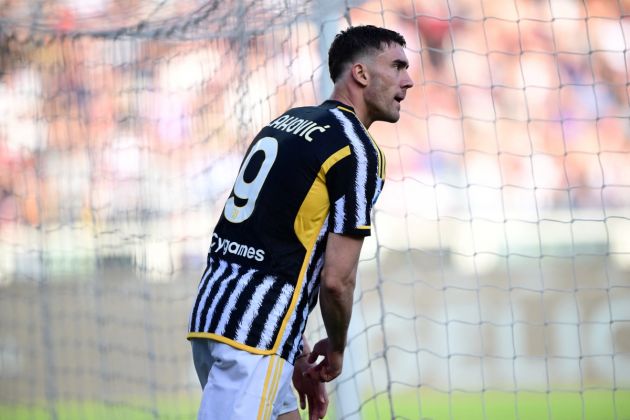 Juventus forward Dusan Vlahovic reacts during the Italian Serie A football match between Torino and Juventus at the Grande Torino Stadium in Turin on April 13, 2024. (Photo by MARCO BERTORELLO / AFP) (Photo by MARCO BERTORELLO/AFP via Getty Images)