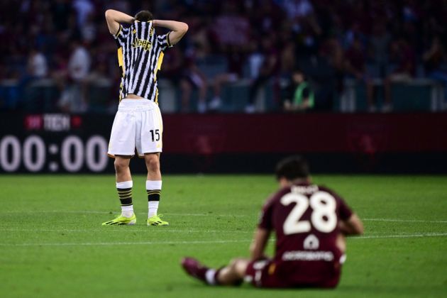 Juventus forward Kenan Yidliz (L) reacts at the end of the Italian Serie A football match between Torino and Juventus at the Grande Torino Stadium in Turin on April 13, 2024. (Photo by MARCO BERTORELLO / AFP) (Photo by MARCO BERTORELLO/AFP via Getty Images)