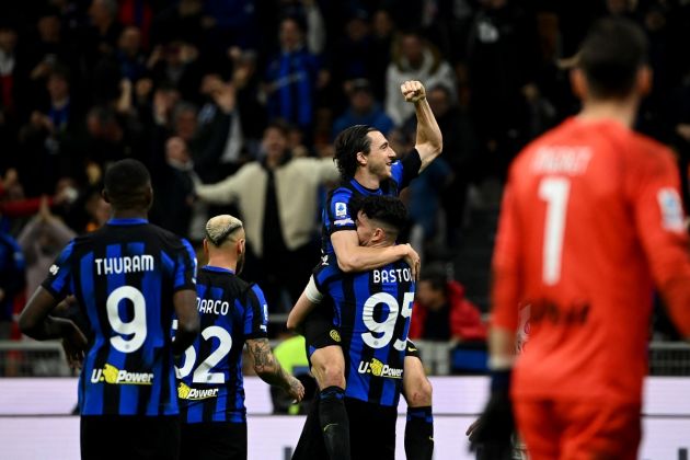 Inter Milan defender Matteo Darmian (top R) celebrates after scoring a goal during the Serie A football match between Inter Milan and Napoli at San Siro stadium in Milan, on March 17, 2024. (Photo by Isabella BONOTTO / AFP) (Photo by ISABELLA BONOTTO/AFP via Getty Images)