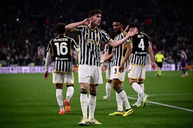 Juventus forward Dusan Vlahovic celebrates before his goal was denied by VAR due to offside during the Italian Serie A football match between Juventus and Fiorentina, at The Allianz Stadium, in Turin on April 7, 2024. (Photo by Marco BERTORELLO / AFP) (Photo by MARCO BERTORELLO/AFP via Getty Images)