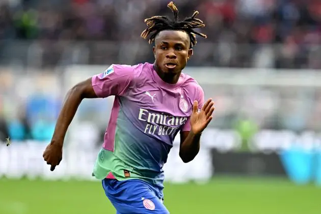 AC Milan midfielder Samuel Chukwueze runs for the ball during the Italian Serie A football match between AC Milan and Lecce at San Siro Stadium, in Milan on April 6, 2024. (Photo by GABRIEL BOUYS / AFP) (Photo by GABRIEL BOUYS/AFP via Getty Images)