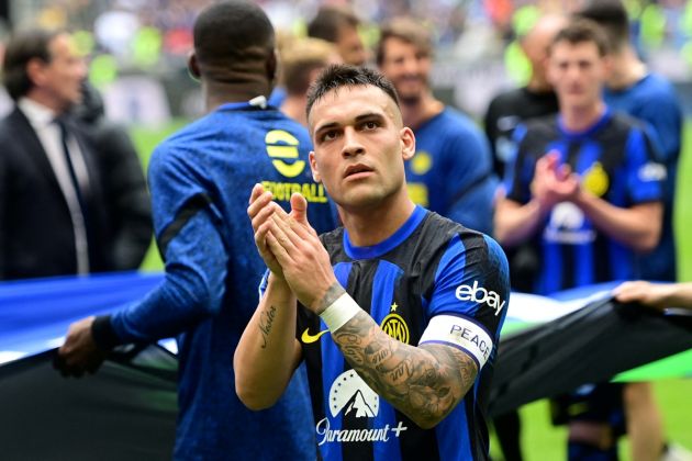 Inter forward Lautaro Martinez celebrates at the end of the Italian Serie A football match between Inter Milan and Torino at the San Siro Stadium in Milan, on April 28, 2024. Inter clinched their 20th Scudetto with a 2-1 victory over AC Milan on April 22, 2024. (Photo by Piero CRUCIATTI / AFP) (Photo by PIERO CRUCIATTI/AFP via Getty Images)