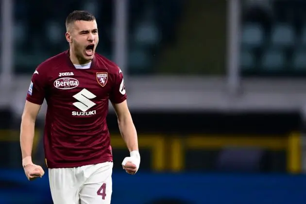 Torino defender and Tottenham target Alessandro Buongiorno celebrates after he scored the third goal of his team during the Italian Serie A football match Torino vs Napoli at the "Stadio Grande Torino" in Turin on January 7, 2024. (Photo by MARCO BERTORELLO / AFP) (Photo by MARCO BERTORELLO/AFP via Getty Images)