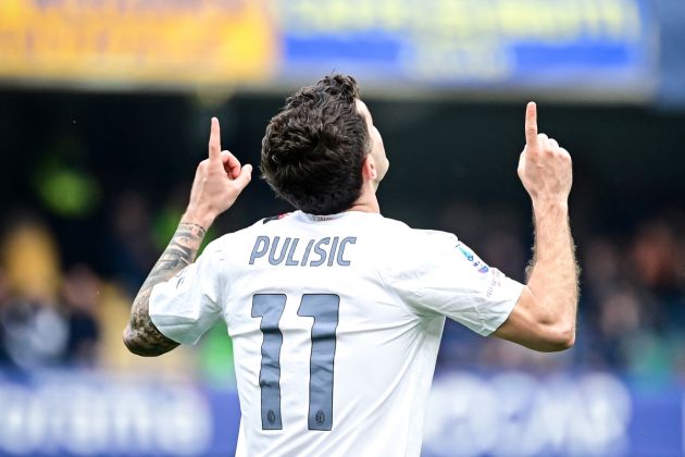 AC Milan and USMNT forward Christian Pulisic celebrates after scoring his team second goal during the Italian Serie A football match between Hellas Verona and AC Milan, at the Marcantonio Bentegodi stadium, in Verona, on March 17, 2024. (Photo by Piero CRUCIATTI / AFP) (Photo by PIERO CRUCIATTI/AFP via Getty Images)