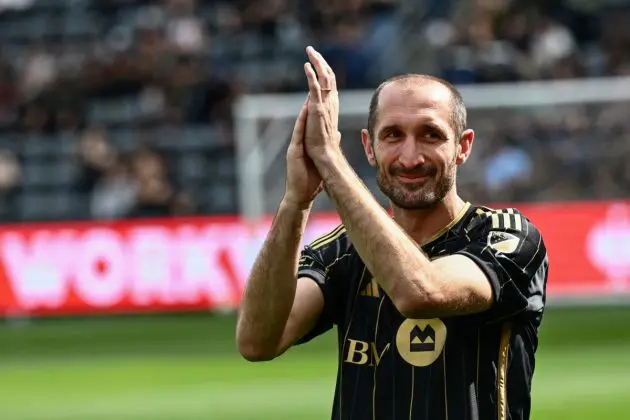 Former Los Angeles FC player Giorgio Chiellini is honored before the MLS football match between the Los Angeles FC and Seattle Sounders at BMO Stadium in Los Angeles, California on February 24, 2024. French World Cup winner Hugo Lloris made his debut for LAFC on Saturday as they beat the Seattle Sounders 2-1 in a re-match of last year's Western Conference semi-finals. (Photo by Patrick T. Fallon / AFP) (Photo by PATRICK T. FALLON/AFP via Getty Images)