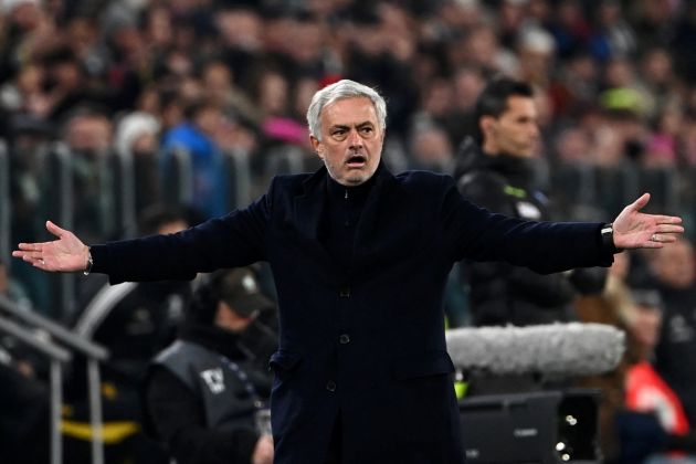 Roma coach Jose Mourinho reacts from the technical area during the Italian Serie A football match between Juventus and Roma at the Allianz Stadium in Turin, on December 30, 2023. (Photo by Isabella BONOTTO / AFP) (Photo by ISABELLA BONOTTO/AFP via Getty Images)