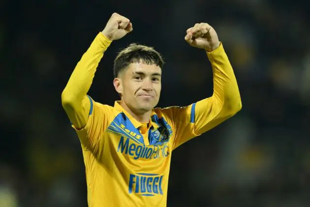 Roma target FROSINONE, ITALY - APRIL 26: Aston Villa target Matias Soulé of Frosinone Calcio celebrates the victory after the Serie A TIM match between Frosinone Calcio and US Salernitana at Stadio Benito Stirpe on April 26, 2024 in Frosinone, Italy. (Photo by Giuseppe Bellini/Getty Images)