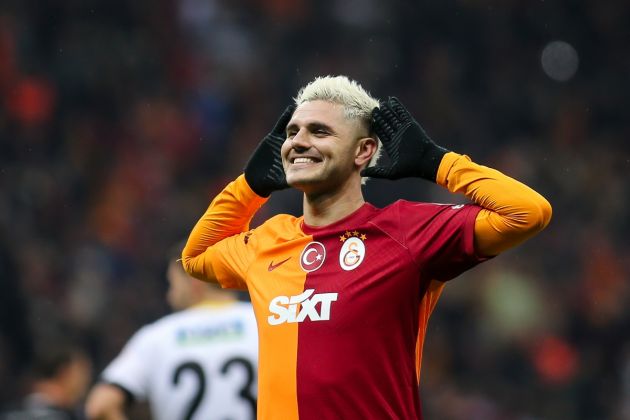 ISTANBUL, TURKEY - JANUARY 25: Mauro Icardi of Galatasaray celebrates during the Turkish Super League match between Galatasaray and Istanbulspor at Rams Park on January 25, 2024 in Istanbul, Turkey. (Photo by Ahmad Mora/Getty Images)