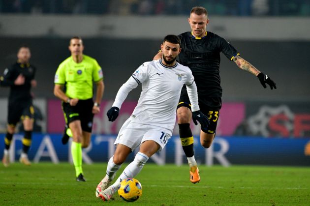 VERONA, ITALY - DECEMBER 09: Valentin Castellanos of SS Lazio competes for the ball with Ondrej Duda of Hellas Verona during the Serie A TIM match between Hellas Verona FC and SS Lazio at Stadio Marcantonio Bentegodi on December 09, 2023 in Verona, Italy. (Photo by Marco Rosi - SS Lazio/Getty Images)