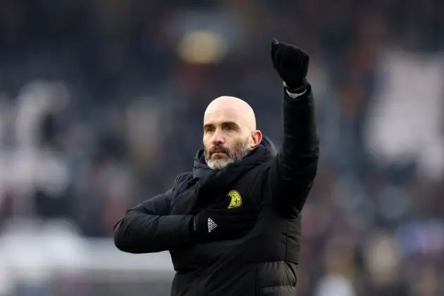 HULL, ENGLAND - MARCH 09: Enzo Maresca, Manager of Leicester City, acknowledges the fans following the Sky Bet Championship match between Hull City and Leicester City at MKM Stadium on March 09, 2024 in Hull, England. (Photo by George Wood/Getty Images)