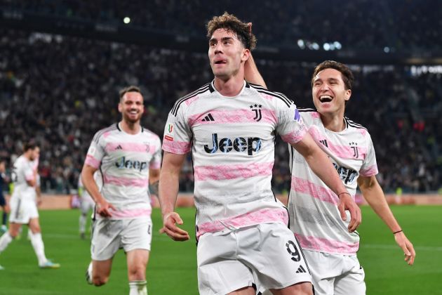 TURIN, ITALY - APRIL 02: Serie A star Dusan Vlahovic of Juventus celebrates scoring his team's second goal alongside teammate Federico Chiesa during the Coppa Italia Semi-Final match between Juventus FC and SS Lazio at the Allianz Stadium on April 02, 2024 in Turin, Italy. (Photo by Valerio Pennicino/Getty Images)